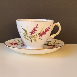 Teacup and Saucer Set Magenta Green Flower Colclough English Bone China Vintage